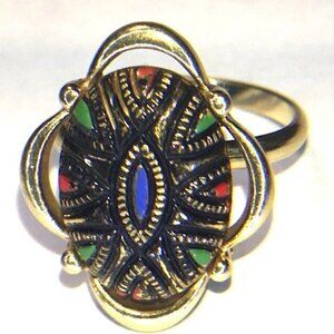 Vintage Sarah Coventry STATEMENT Gold Tone Multicolor Tapestry Ring, Size 8